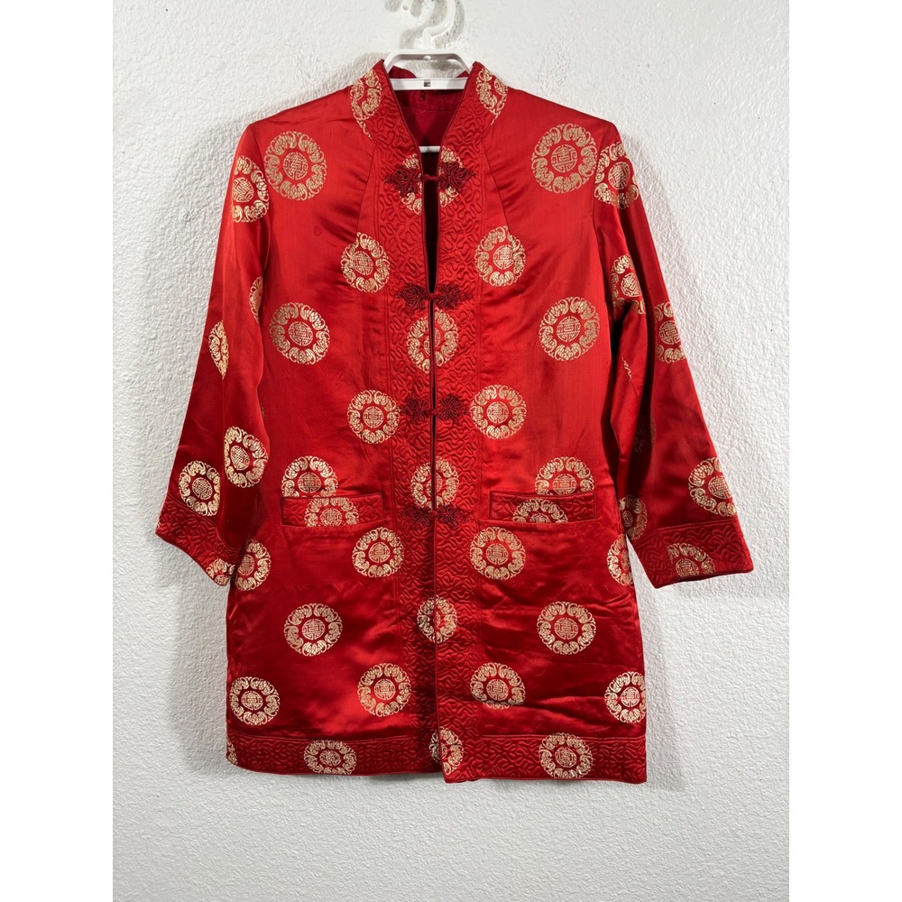 Vintage Womens Red Gold Silk Brocade Chinese Tang Suit Jacket Frog Closure Large